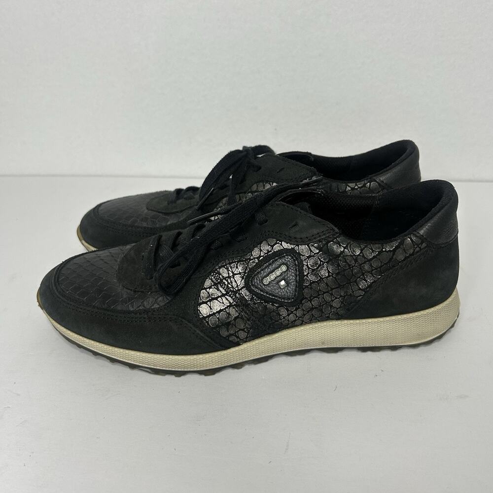 Ecco Shoes 40 US 8.5 9 Black Croc Print Sneakers Trainers Lace up Danish Design